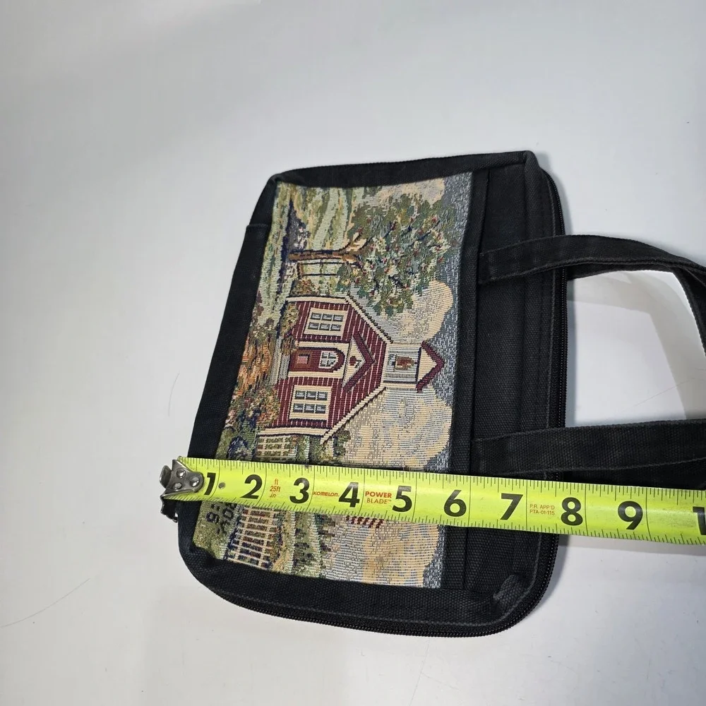 Vintage Black Canvas Needlepoint Bible Book Cover School House Handbag w/Handles